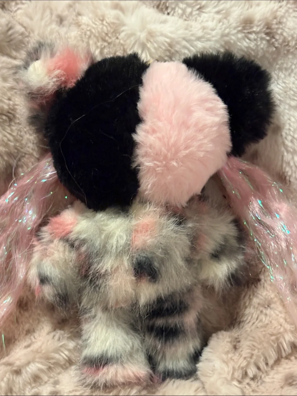 Custom Skull Panda Pink and Black Faux Fur with Pink tinsel hair Plush Pendant